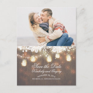 Mason Jar Lights Lace Rustic Photo Save the Date Announcement Postcard