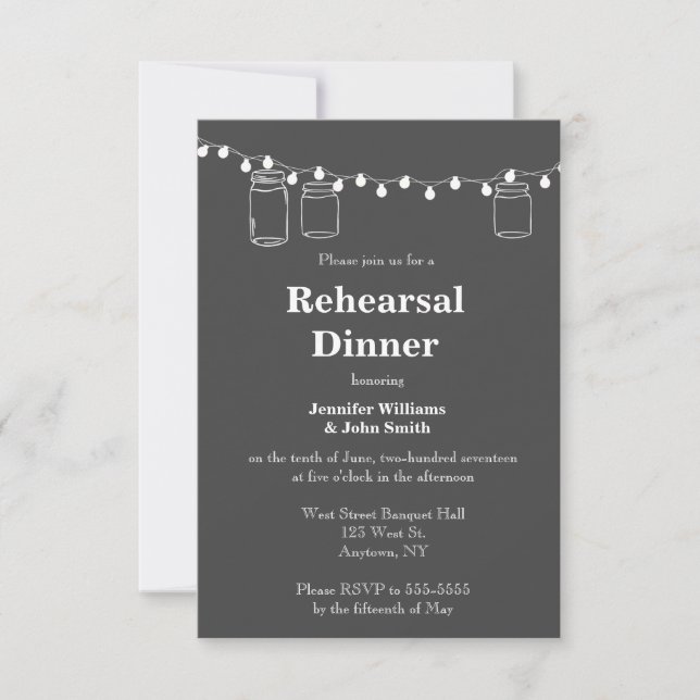 Mason jar lights rehearsal dinner invitations (Front)