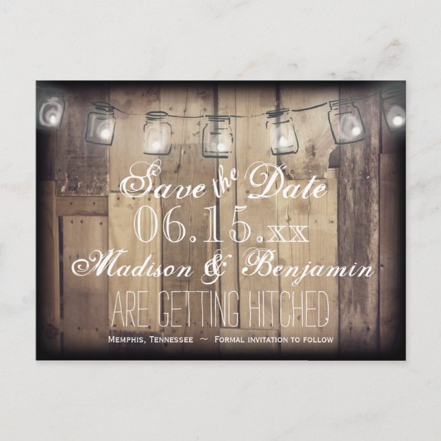 Mason Jar Lights Rusti Wood Save the Date Postcard (Front)