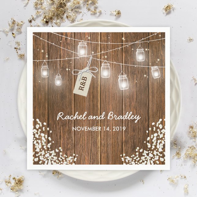 Mason Jar Lights Rustic Babys Breath Wedding Napkin (Creator Uploaded)