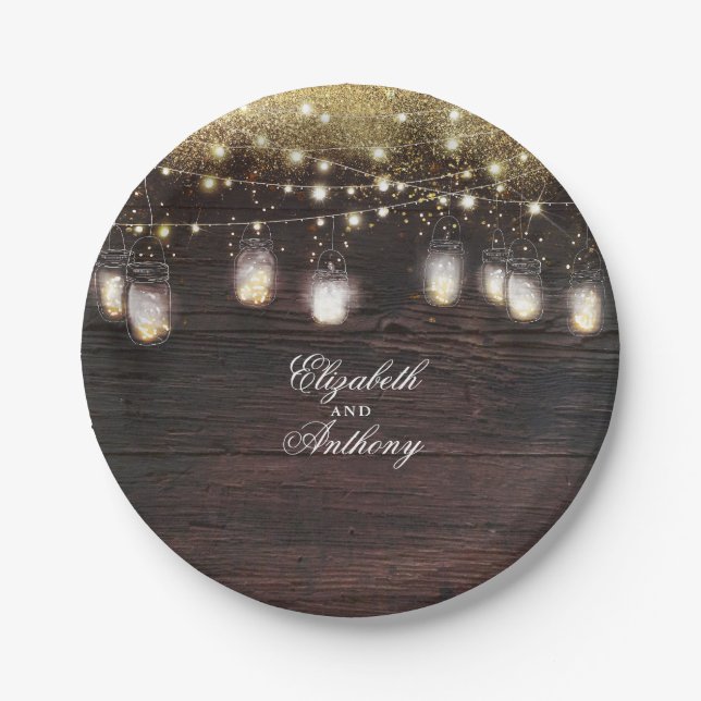 Mason Jar Lights Rustic Wedding Paper Plate (Front)