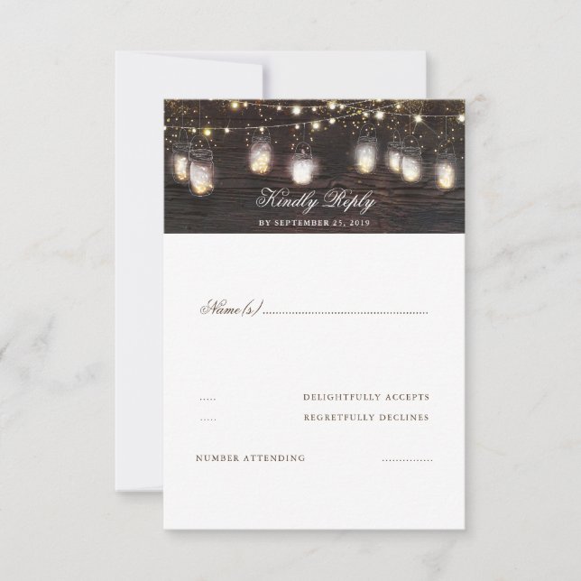 Mason Jar Lights Rustic Wedding RSVP (Front)