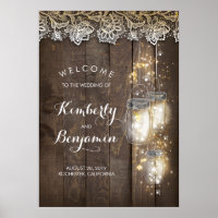 Mason Jar Lights Rustic Wedding Welcome Sign