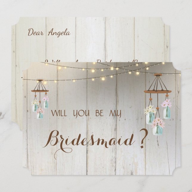 Mason Jar Lights Rustic,Wood   Bridesmaid Card (Front/Back)