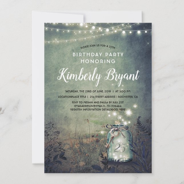 Mason Jar Lights Rustic Woodland Birthday Party Invitation (Front)