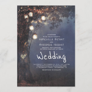 Mason Jar Lights Tree Carved Heart Rustic Wedding Invitation