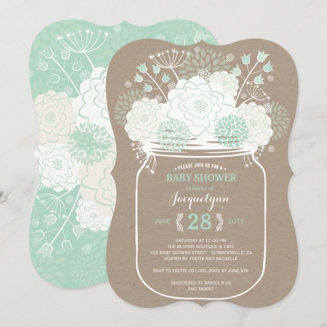 Mason Jar Mint Blooms Kraft Baby Shower Invite (Front/Back)