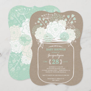 Mason Jar Mint Blooms Kraft Baby Shower Invite