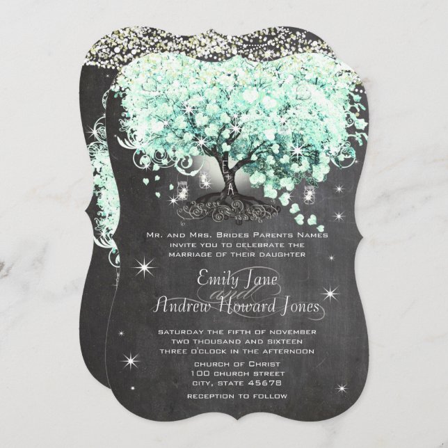 Mason Jar Mint Chalkboard Heart Leaf Tree Invitati Invitation (Front/Back)
