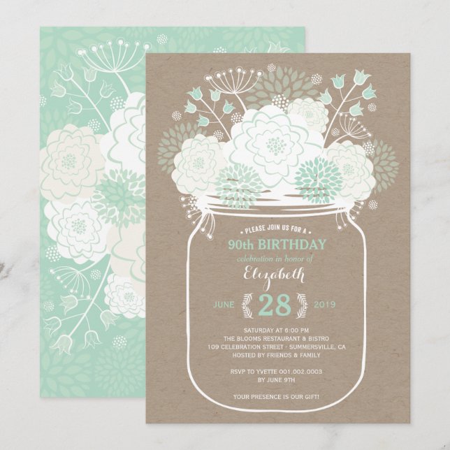 Mason Jar Mint Floral Blooms Birthday Party Invite (Front/Back)