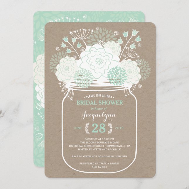 Mason Jar Mint Spring Blooms Bridal Shower Invite (Front/Back)