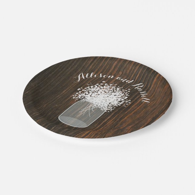 Mason Jar of Baby's Breath Wood Inspired Wedding Paper Plate (Angled)