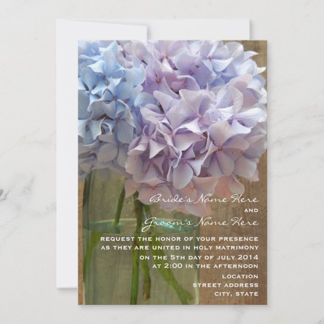 Mason Jar Of Blue & Purple Hydrangeas Wedding Invitation (Front)