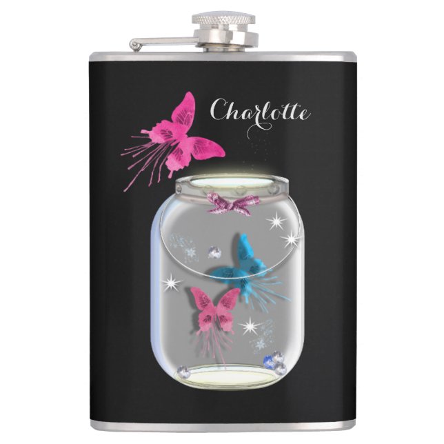 Mason Jar Of Butterflies Personalised Hip Flask (Front)