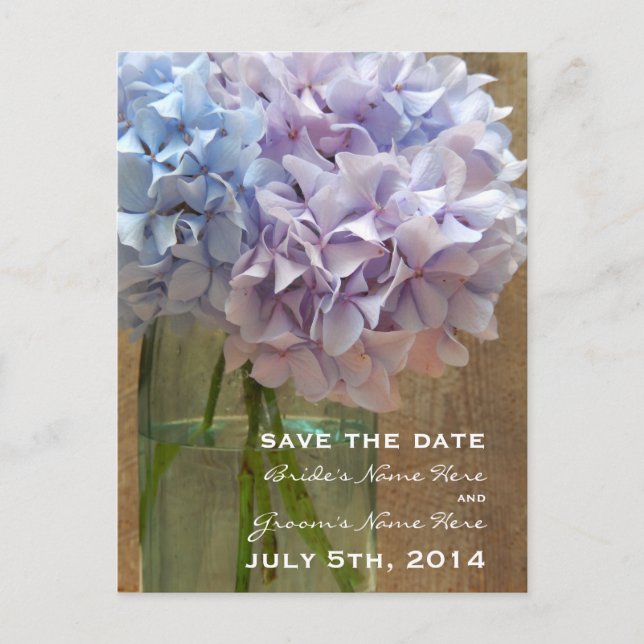 Mason Jar Of Hydrangeas Save The Date Postcard (Front)