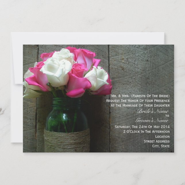 Mason Jar of Pink and White Roses Barn Wedding Invitation (Front)