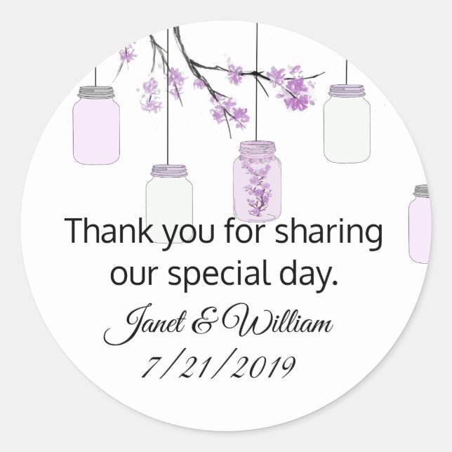 Mason Jar on Flowering Tree Wedding Favour Sticker (Front)
