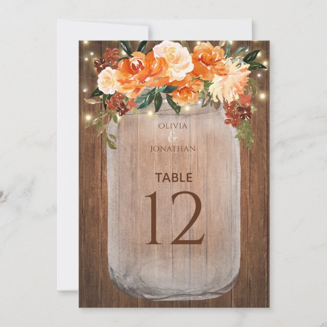  Mason Jar Orange Floral Lg Wedding Table Number (Front)
