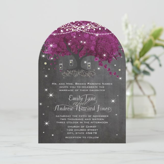 Mason Jar Orchid Chalkboard Heart Leaf Tree Invitation (Standing Front)