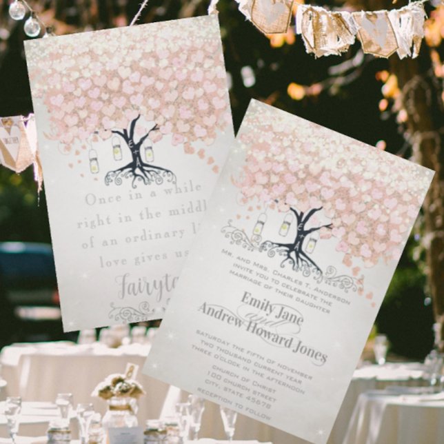 Mason Jar Pale Pink Heart Leaf Tree Wedding Invitation (Creator Uploaded)