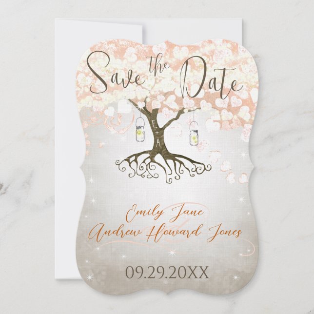 Mason Jar Peachy Heart Leaf Tree Save the Date (Front)