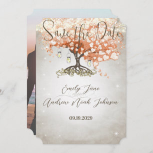 Mason Jar Peachy Heart Leaf Tree Save the Date