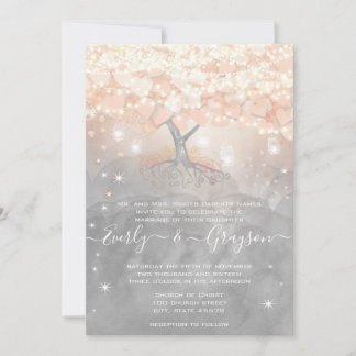 Mason Jar Peachy Pink Heart Leaf Tree Wedding In Invitation