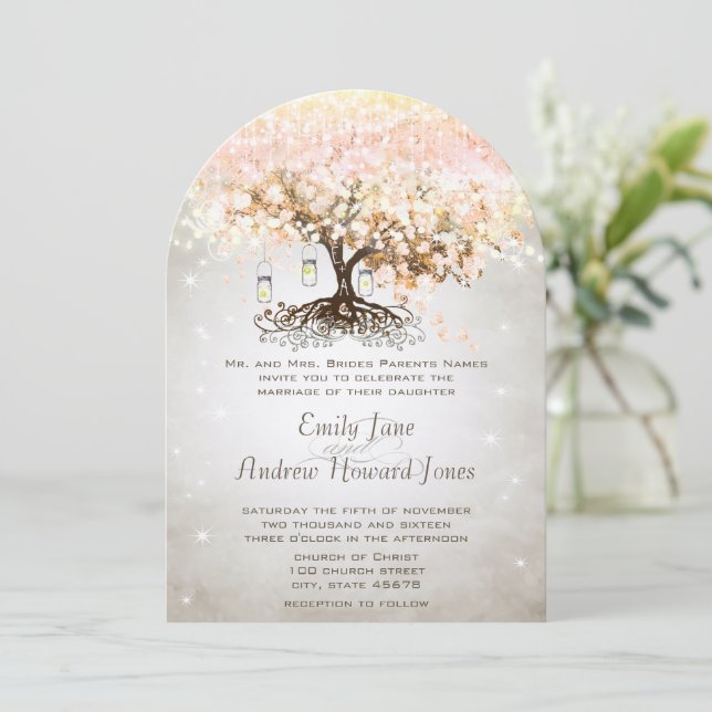 Mason Jar Peachy Pink Heart Leaf Tree Wedding Invitation (Standing Front)
