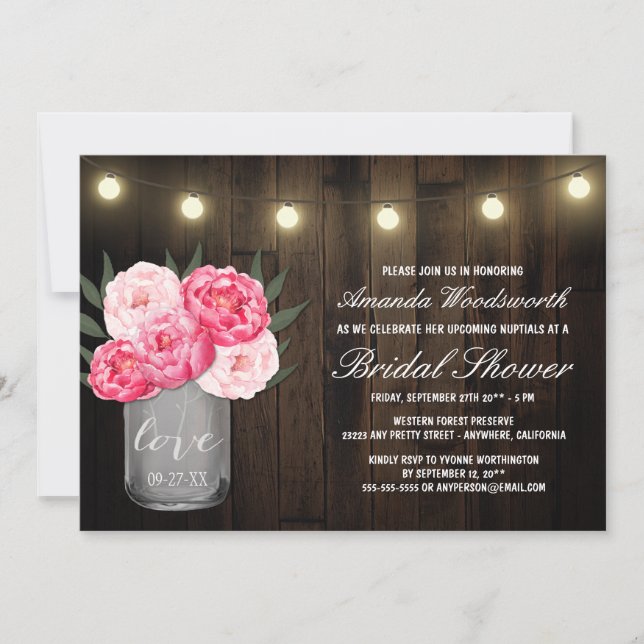 Mason Jar + Peony Rustic Bridal Shower Invitations (Front)