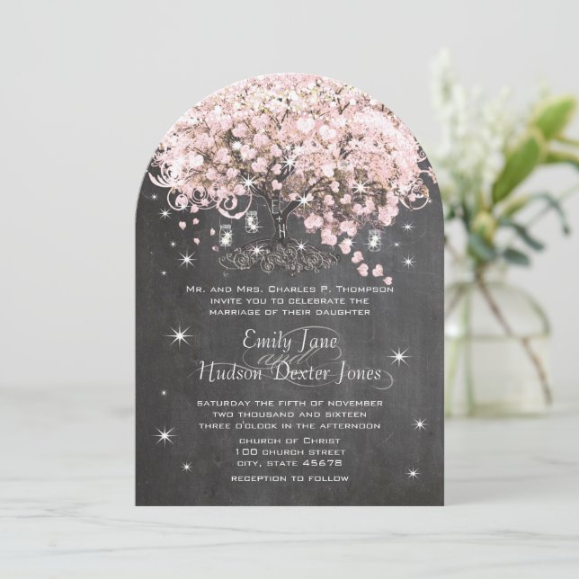 Mason Jar Pink Chalkboard Heart Leaf Tree Invitation (Standing Front)