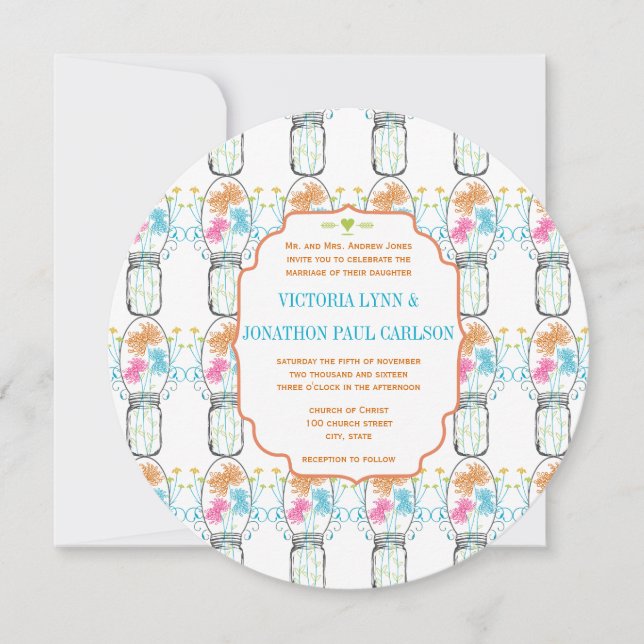 Mason Jar Pink Coral Lime Aqua Floral Wedding Invitation (Front)