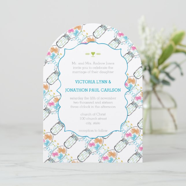 Mason Jar Pink Coral Lime Aqua Floral Wedding Invitation (Standing Front)
