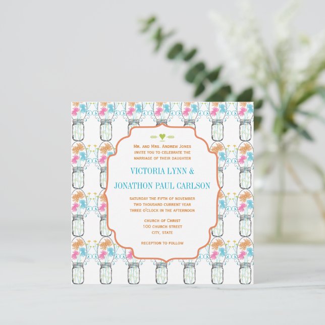 Mason Jar Pink Coral Lime Aqua Floral Wedding Invitation (Standing Front)
