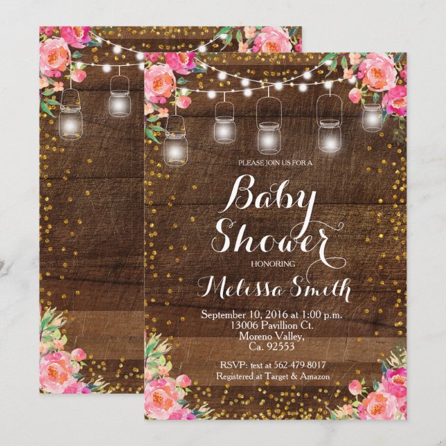Mason Jar Pink Floral Baby Shower Invite card (Front/Back)