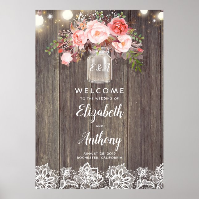 Mason Jar Pink Floral Wedding Welcome Sign (Front)