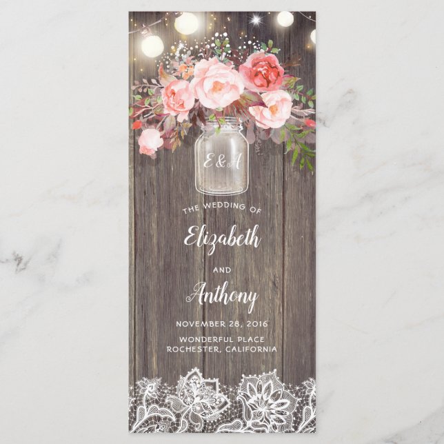 Mason Jar Pink Flowers Rustic Wedding Programs Programme (Front)