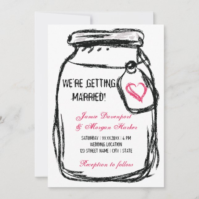 Mason Jar & Pink Heart Wedding Invite (Front)