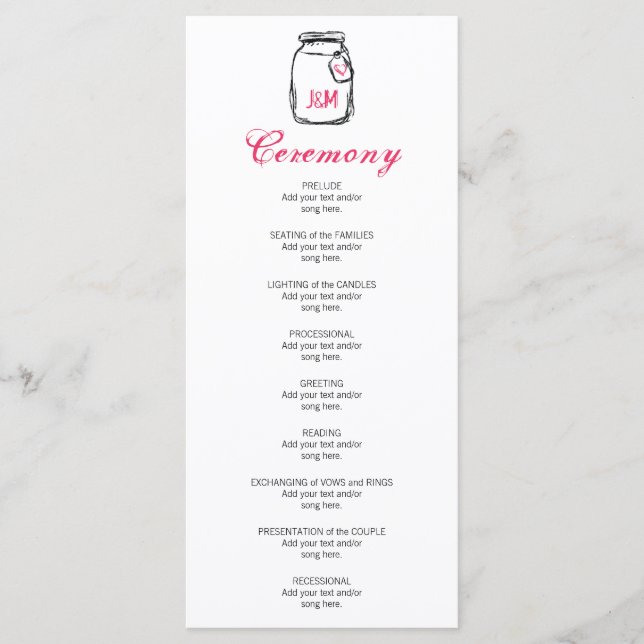 Mason Jar & Pink Heart Wedding Program Programme (Front)