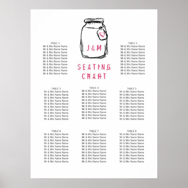 Mason Jar & Pink Heart Wedding Seating Chart (Front)
