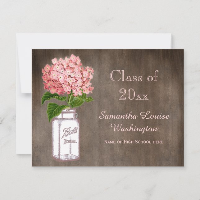 Mason Jar & Pink Hydrangea Rustic Graduation Party Invitation (Front)