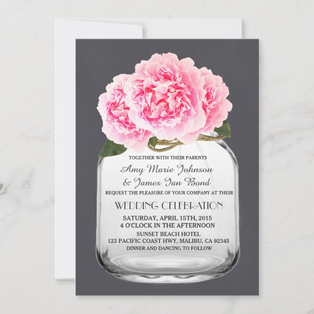 Mason jar pink peony wedding invitations peony4 (Front)