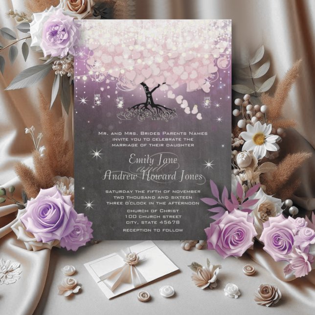 Mason Jar Pink & Purple Chalkboard Heart Leaf Tree Invitation (Creator Uploaded)