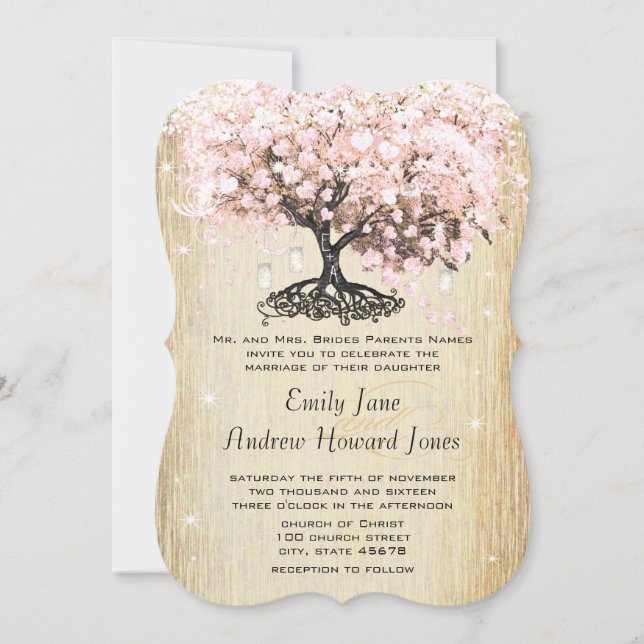 Mason Jar Pink Rose Gold Heart Leaf Tree Invitation (Front)