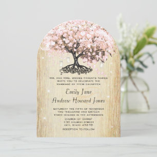 Mason Jar Pink Rose Gold Heart Leaf Tree Invitation