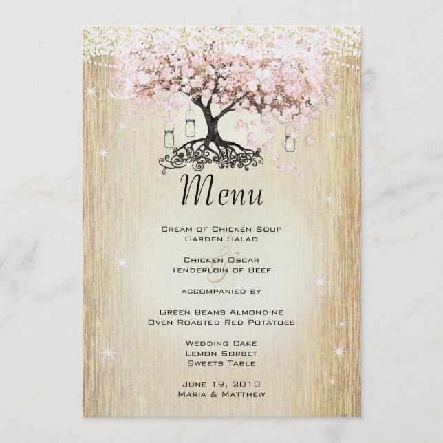 Mason Jar Pink Rose Gold Heart Leaf Tree Menu (Front)
