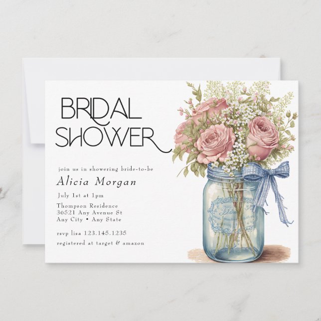 Mason Jar | Pink Roses Bridal Shower Invitation (Front)