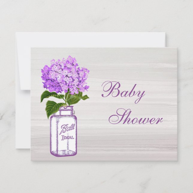 Mason Jar & Purple Hydrangea Chic Grey Baby Shower Invitation (Front)