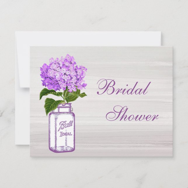 Mason Jar & Purple Hydrangea Grey Bridal Shower Invitation (Front)