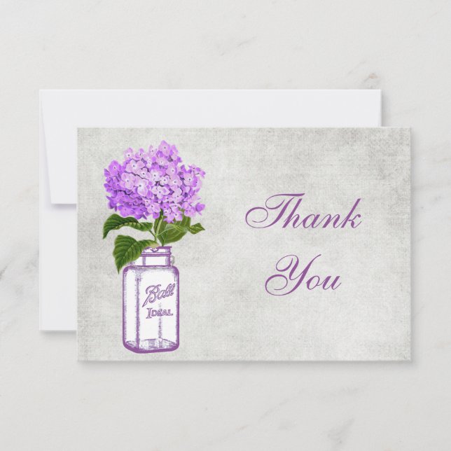Mason Jar & Purple Hydrangea Thank You Wedding Card (Front)