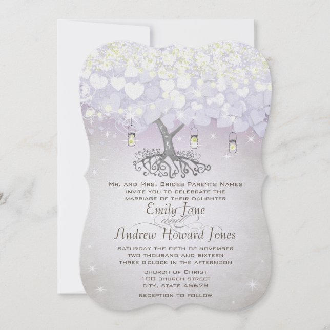 Mason Jar Purple Lavender Heart Leaf Tree Wedding Invitation (Front)